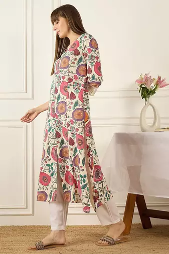 Beige quirky printed cotton thread work a-line kurta