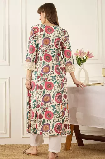 Beige quirky printed cotton thread work a-line kurta