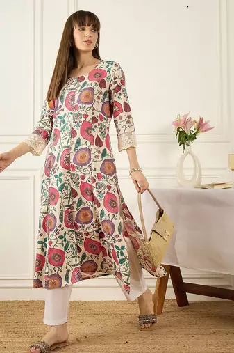 Beige quirky printed cotton thread work a-line kurta