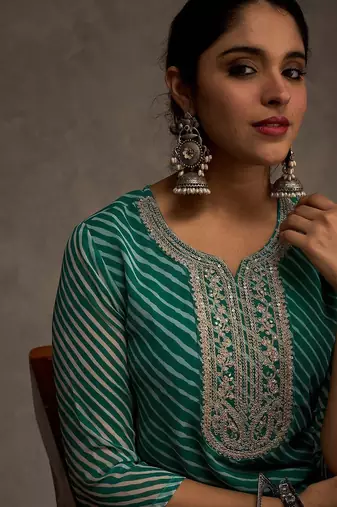 Sea green women leheriya printed screen print festive straight kurta