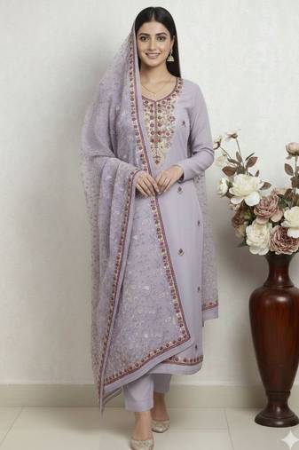 Lavender color smart and ethnic roman silk fabric salwar kameez