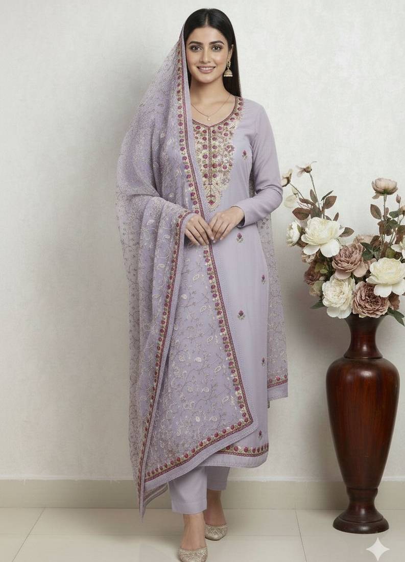Lavender color smart and ethnic roman silk fabric salwar kameez