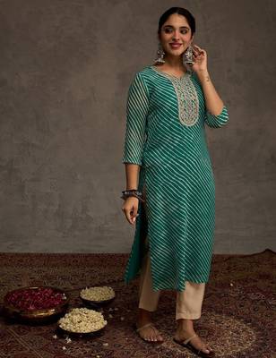Sea green women leheriya printed screen print festive straight kurta 4