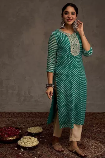 Sea green women leheriya printed screen print festive straight kurta