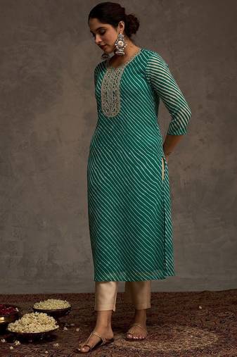 Sea green women leheriya printed screen print festive straight kurta