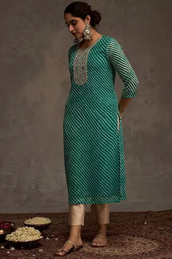 Sea green women leheriya printed screen print festive straight kurta