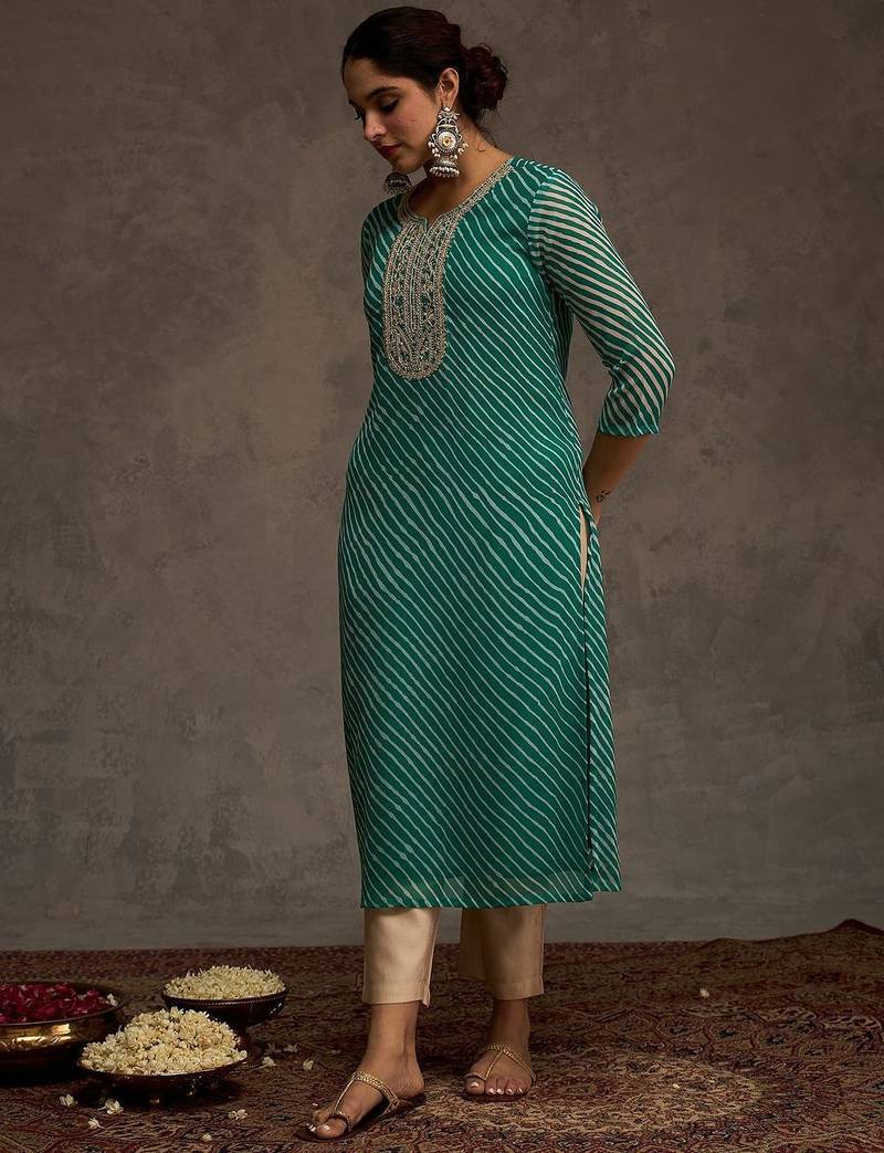 Sea green women leheriya printed screen print festive straight kurta