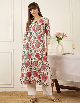Off white floral printed round neck flared sleeves a-line kurtas 1