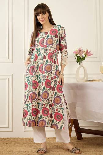 Off white floral printed round neck flared sleeves a-line kurtas