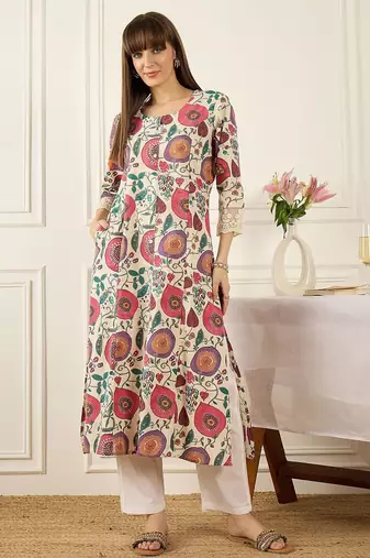 Off white floral printed round neck flared sleeves a-line kurtas
