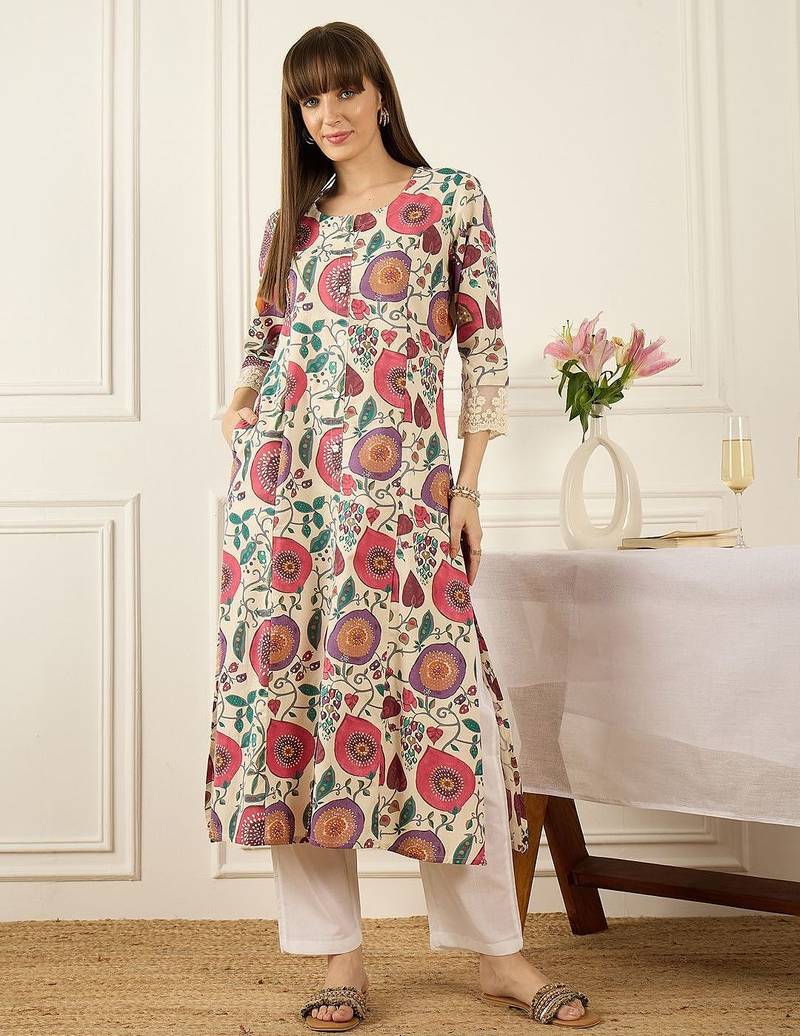 Off white floral printed round neck flared sleeves a-line kurtas