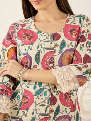 Off white floral printed round neck flared sleeves a-line kurtas 3