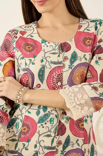 Off white floral printed round neck flared sleeves a-line kurtas