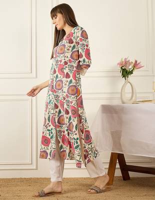Off white floral printed round neck flared sleeves a-line kurtas 4