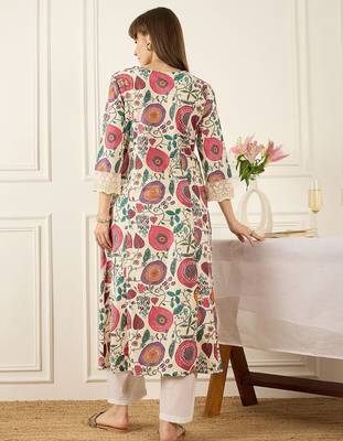 Off white floral printed round neck flared sleeves a-line kurtas 5