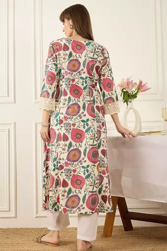 Off white floral printed round neck flared sleeves a-line kurtas