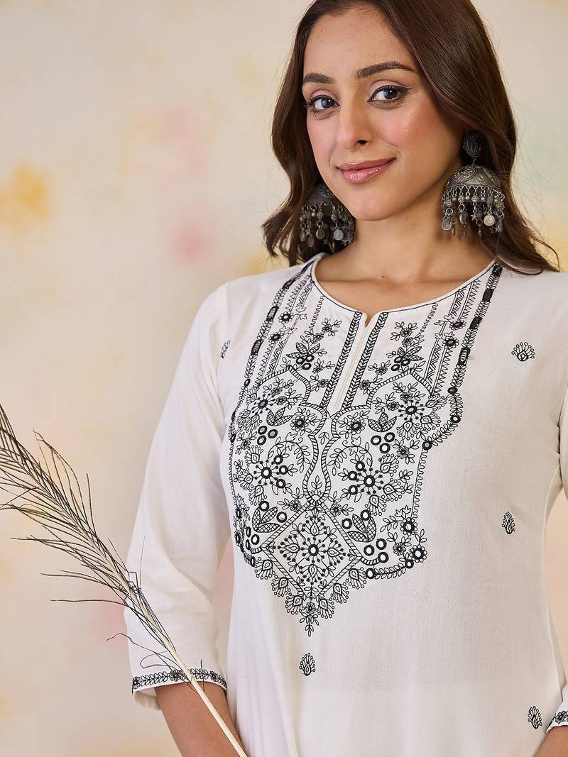 White women floral embroidered thread work floral republic day republic day kurta