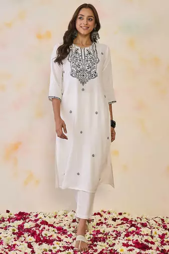 White women floral embroidered thread work floral republic day republic day kurta