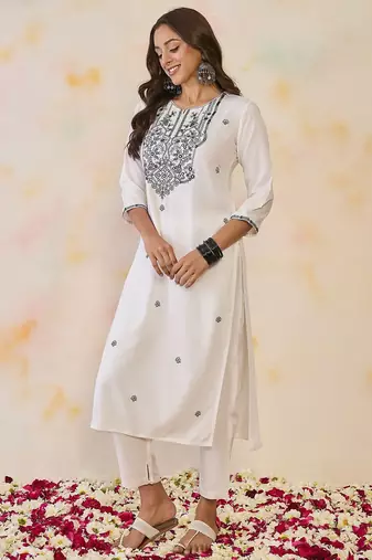 White women floral embroidered thread work floral republic day republic day kurta