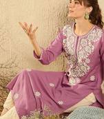 Lavender women paisley embroidered thread work pastels kurta