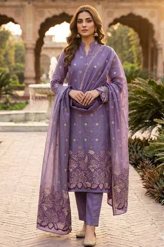 Purple color jacquard silk salwar kameez for ethnic festive looks