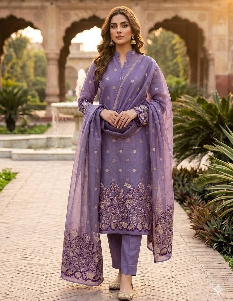 Purple color jacquard silk salwar kameez for ethnic festive looks
