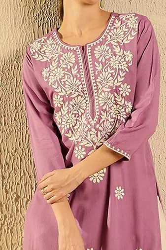 Lavender women paisley embroidered thread work pastels kurta