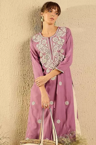 Lavender women paisley embroidered thread work pastels kurta