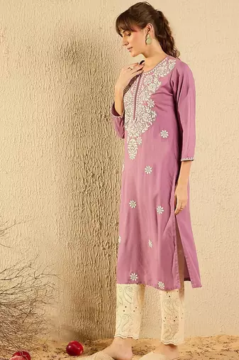 Lavender women paisley embroidered thread work pastels kurta