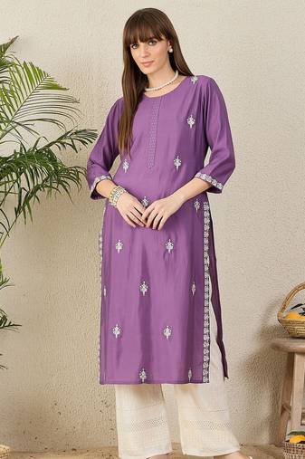 Purple floral embroidered thread work round neck straight kurta