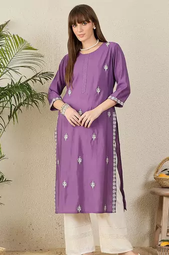 Purple floral embroidered thread work round neck straight kurta