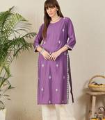 Purple floral embroidered thread work round neck straight kurta