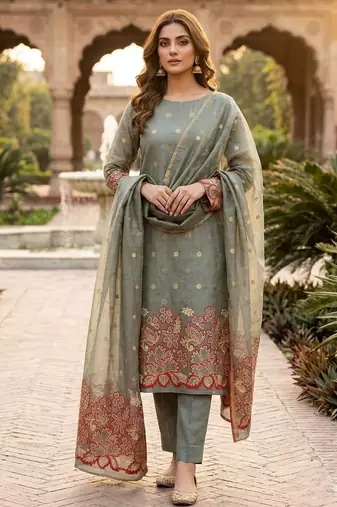 Grey color jacquard silk salwar kameez for ethnic festive looks
