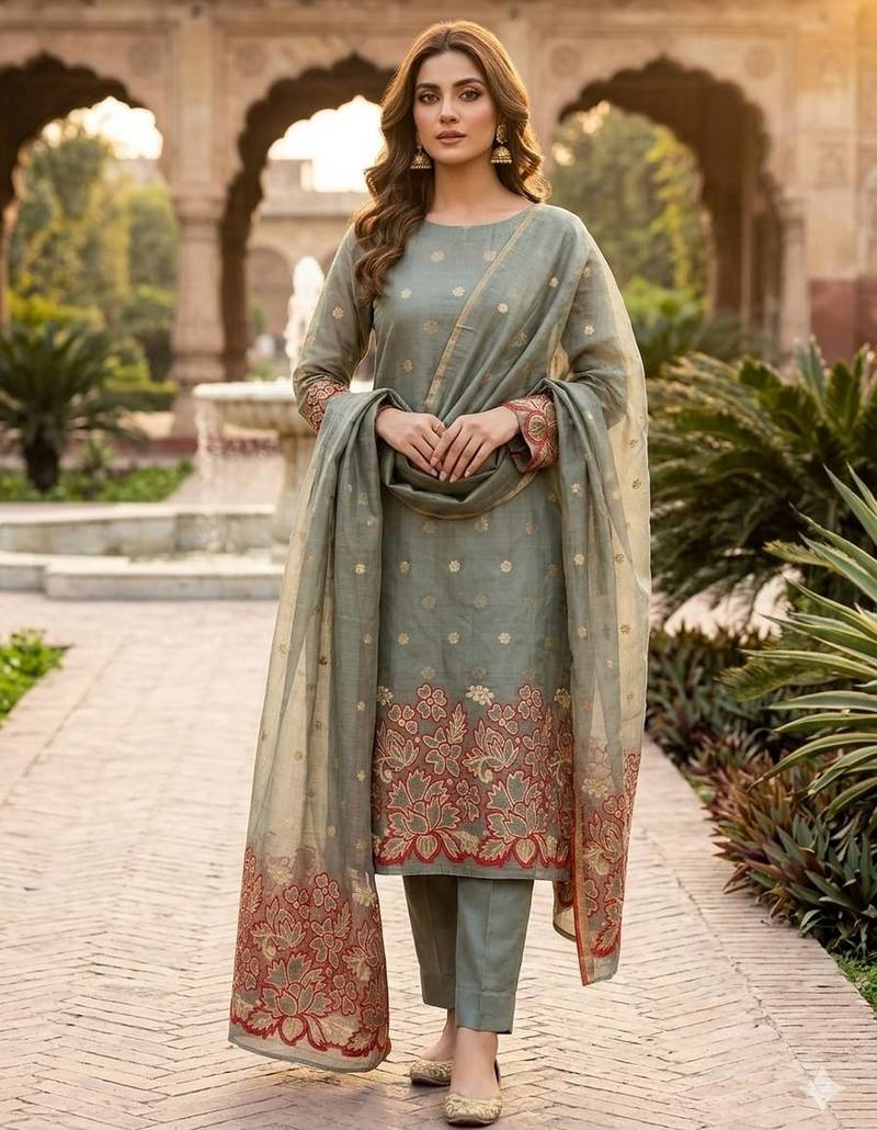 Grey color jacquard silk salwar kameez for ethnic festive looks