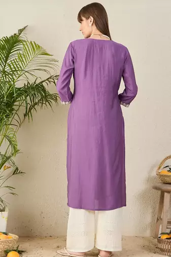 Purple floral embroidered thread work round neck straight kurta