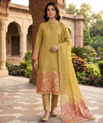 Mustard color jacquard silk salwar kameez for ethnic festive looks 1