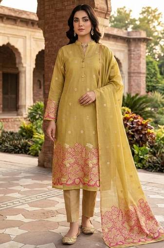 Mustard color jacquard silk salwar kameez for ethnic festive looks