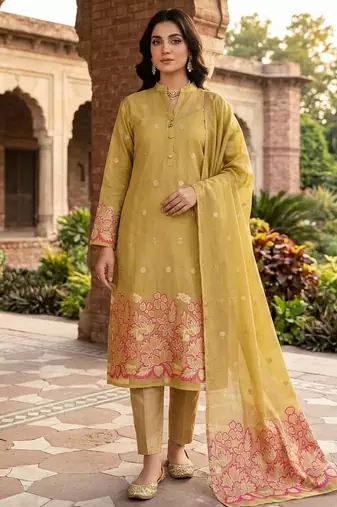Mustard color jacquard silk salwar kameez for ethnic festive looks