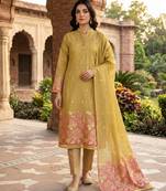 Mustard color jacquard silk salwar kameez for ethnic festive looks