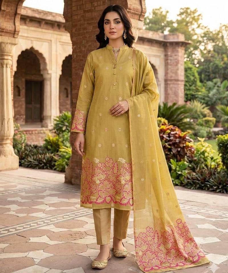 Mustard color jacquard silk salwar kameez for ethnic festive looks