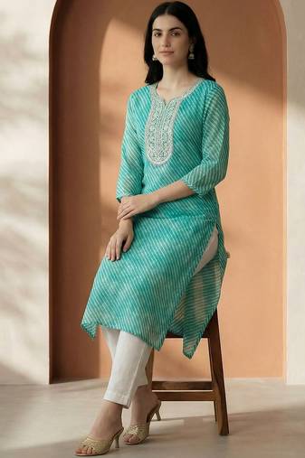 Sea green women leheriya printed sequinned georgette kurta