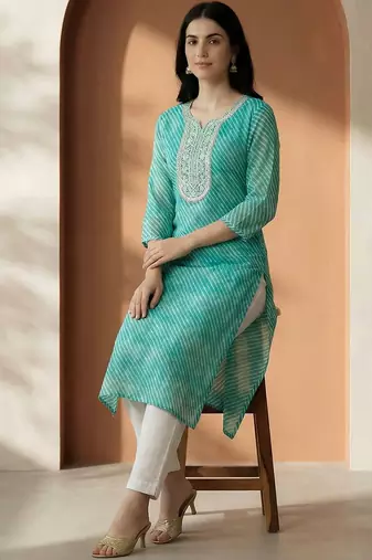 Sea green women leheriya printed sequinned georgette kurta