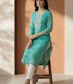 Sea green women leheriya printed sequinned georgette kurta