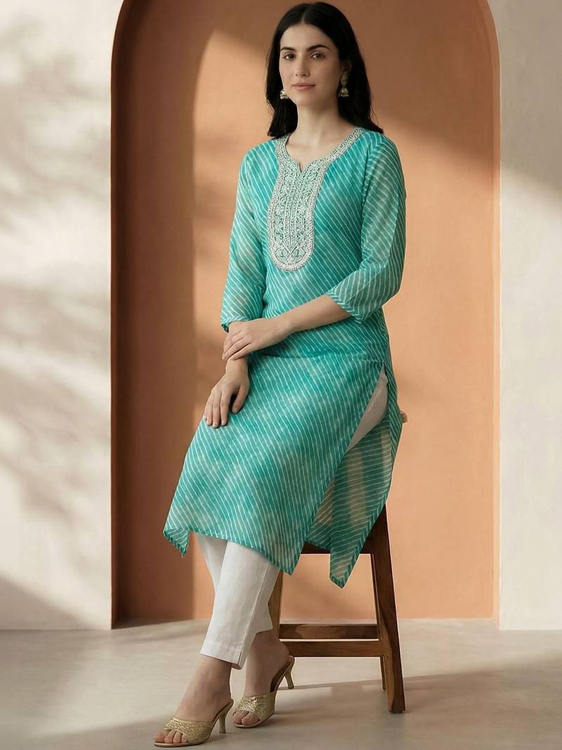 Sea green women leheriya printed sequinned georgette kurta