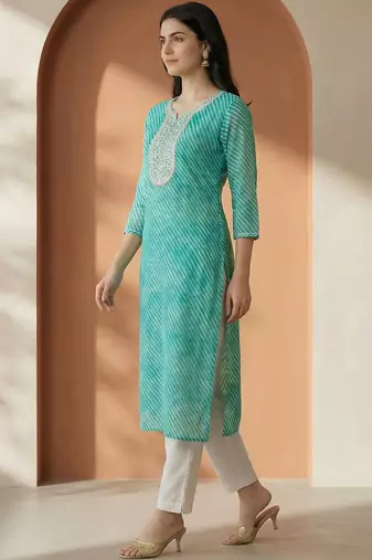 Sea green women leheriya printed sequinned georgette kurta