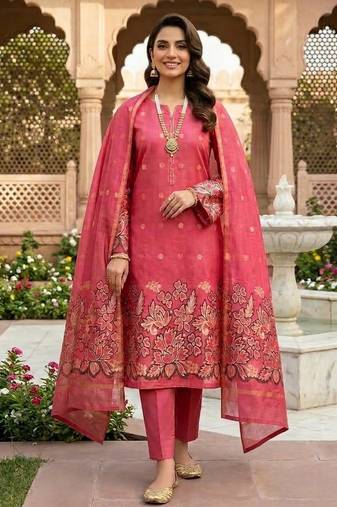 Red color jacquard silk salwar kameez for ethnic festive looks