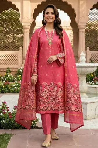 Red color jacquard silk salwar kameez for ethnic festive looks