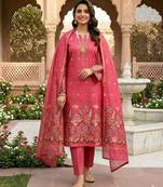 Red color jacquard silk salwar kameez for ethnic festive looks
