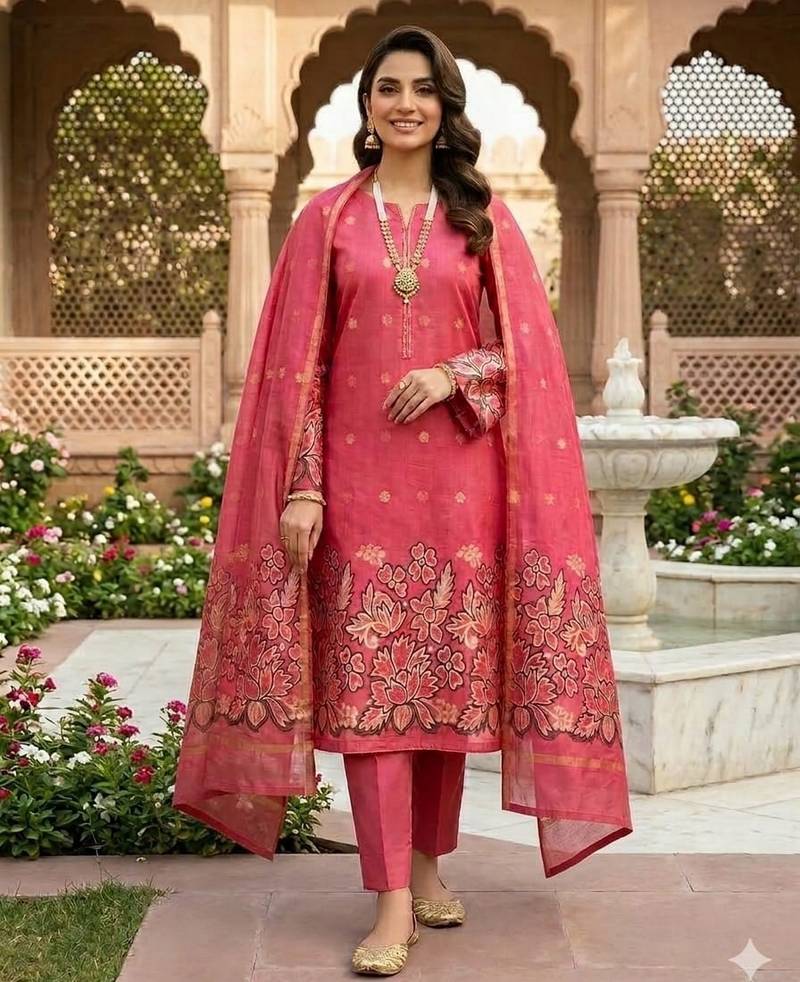 Red color jacquard silk salwar kameez for ethnic festive looks