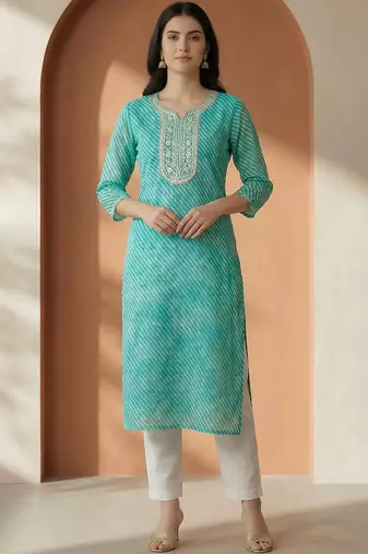 Sea green women leheriya printed sequinned georgette kurta